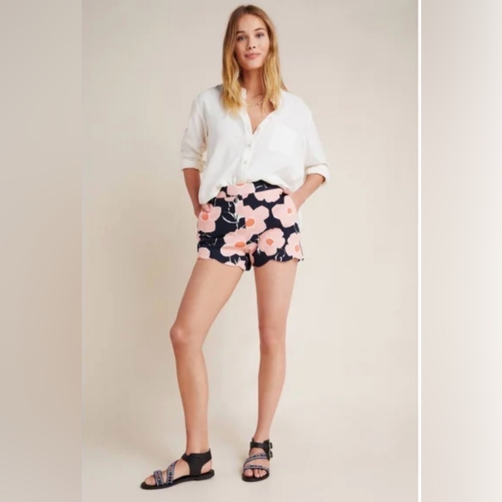 🧡 Isaac Mizrahi Sz 14 5” Navy Orange Tailored Floral Y2K Shorts Scalloped Hem